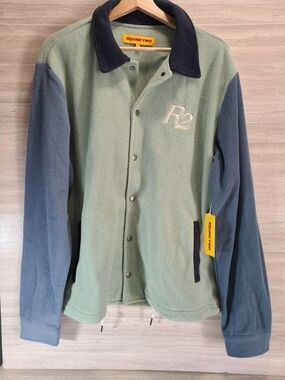 Round Two R2 Mens Fleece Jacket Snap Button Streetwear Green Blue Size M NWT